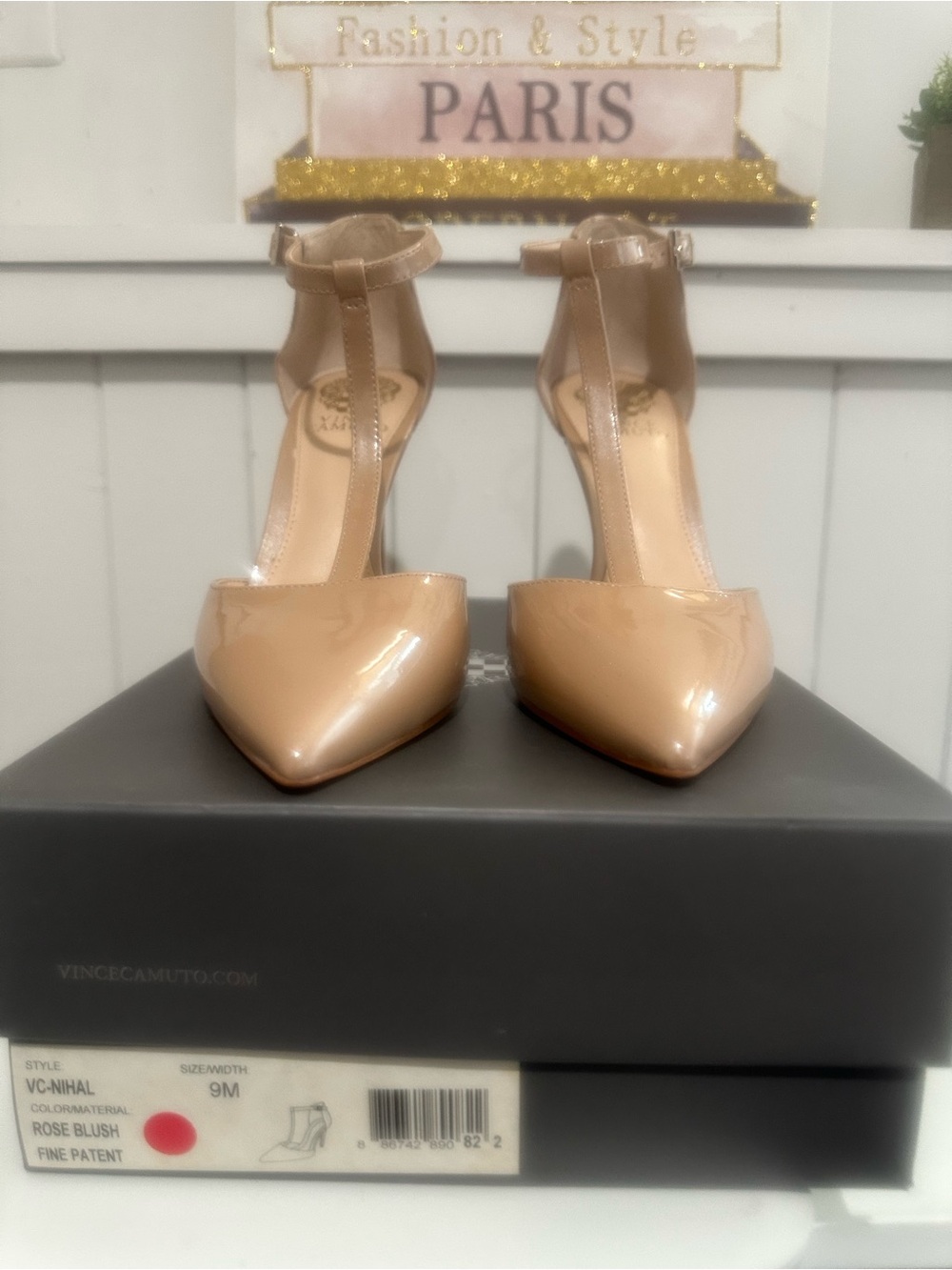 Vince Camuto Rose Blush Patent T-Strap Pointed Pumps